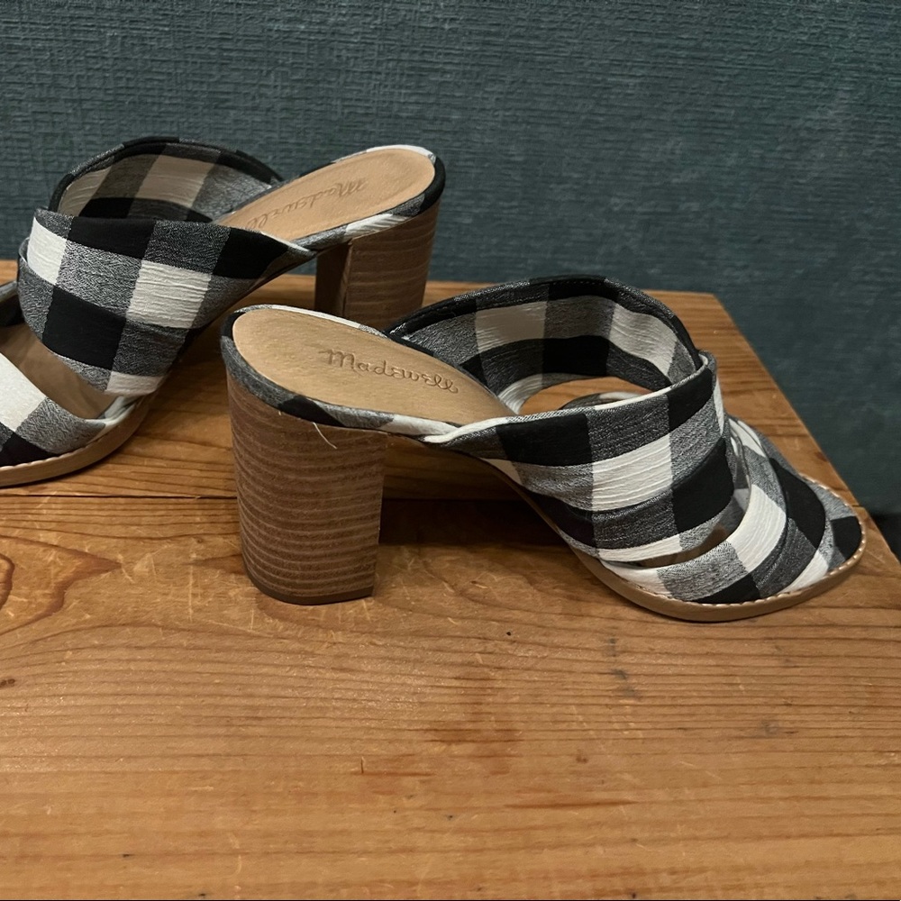 Madewell gingham black and white crossover block heel with wood
